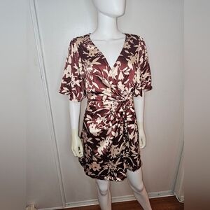 Womens Zara Floral Print Knotted Wrap Dress Size Large Maroon And Cream